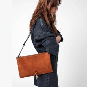 NWT AllSaints Sheringham croc-embossed leather shoulder bag, Desert